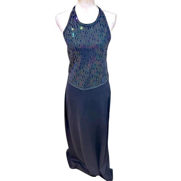 St. John Black beaded Backless halter gown long knit Dress size 10 - Picture 1 of 12